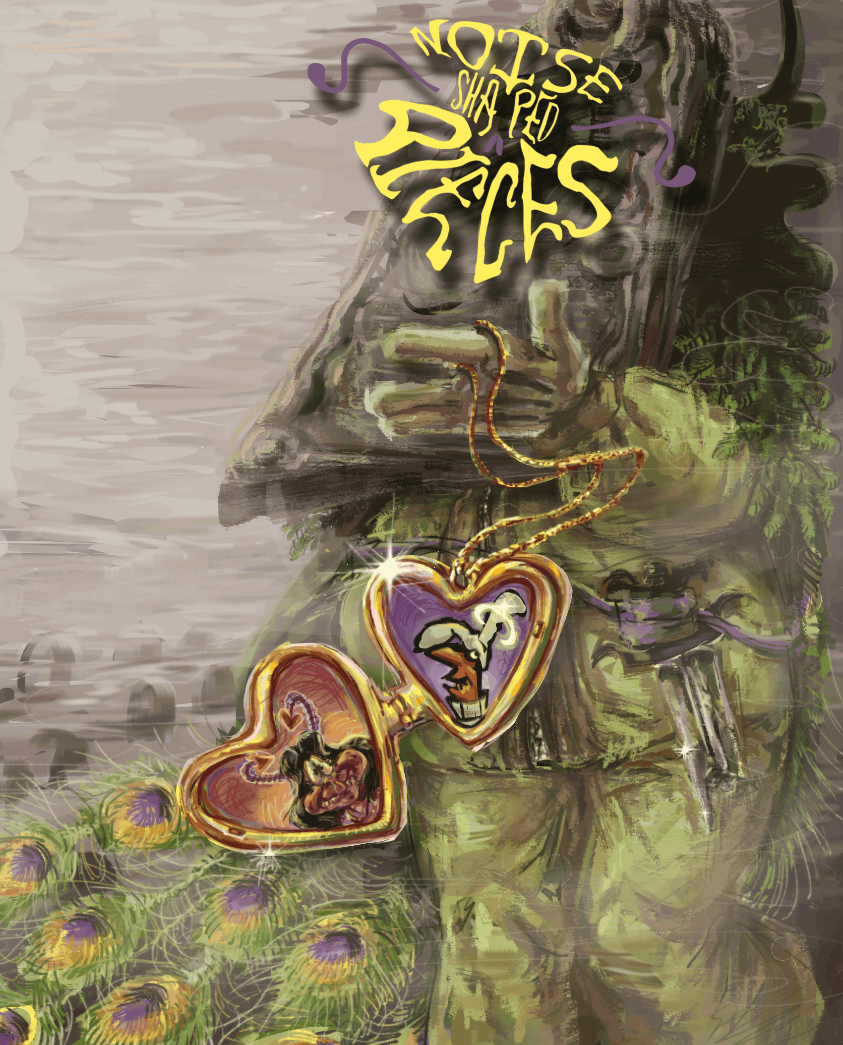 A poster for Noise Shaped Pieces. The Noise, donned with a cape of peacock feathers and wearing a pine garland, holds an open locket with Noisette and the Bo Noise's faces inside. The Noise's face is obscured by a tombstone and he has a broken swoard fastened around his waist. He is standing at a foggy graveyard. The logo for the story rests on the gravestone.